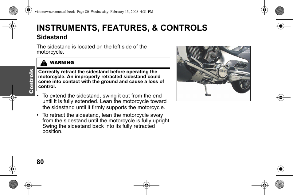 Instruments, features, & controls, Sidestand | Polaris 2009 Victory Victory Vision User Manual | Page 83 / 323