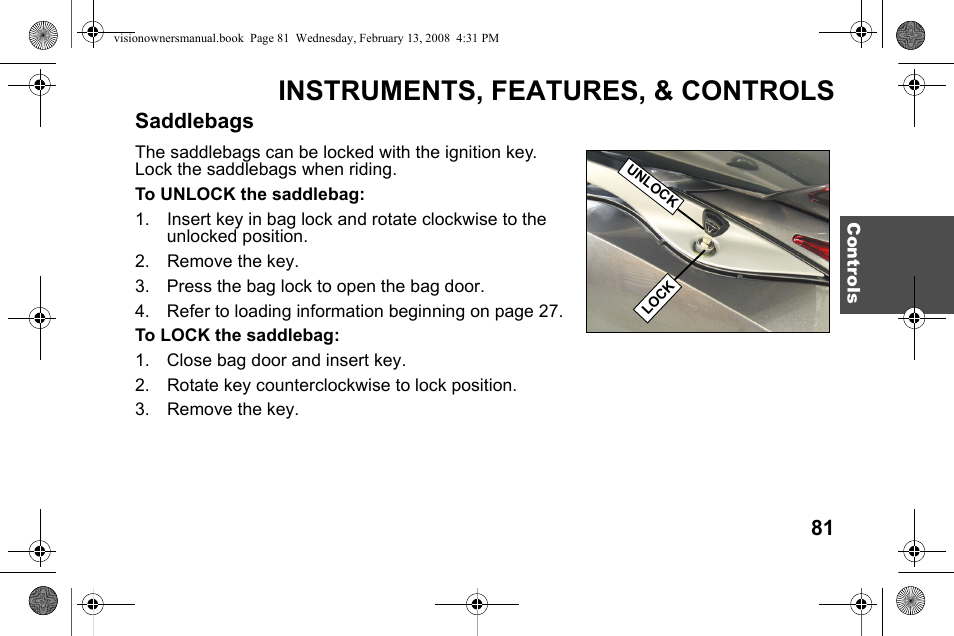 Instruments, features, & controls, Saddlebags | Polaris 2009 Victory Victory Vision User Manual | Page 84 / 323