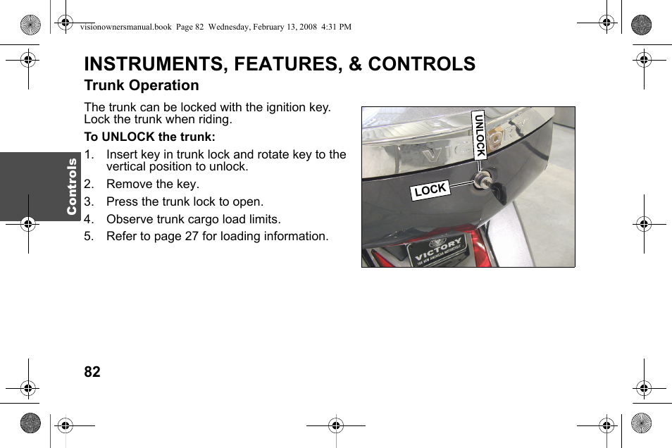 Instruments, features, & controls, Trunk operation | Polaris 2009 Victory Victory Vision User Manual | Page 85 / 323