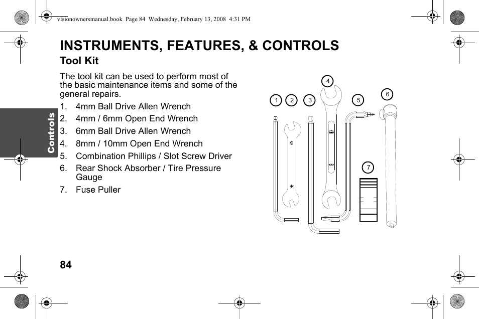 Instruments, features, & controls, Tool kit | Polaris 2009 Victory Victory Vision User Manual | Page 87 / 323