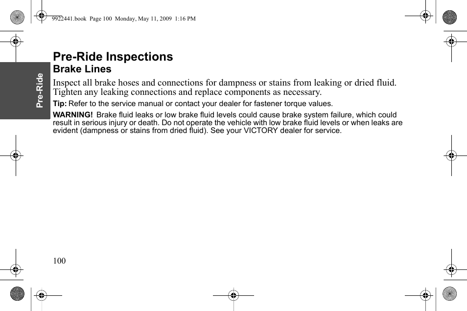 Pre-ride inspections, Brake lines | Polaris 2010 Victory Victory Vision 8-Ball User Manual | Page 104 / 334