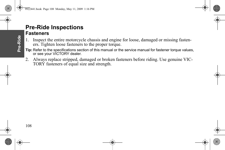 Pre-ride inspections | Polaris 2010 Victory Victory Vision 8-Ball User Manual | Page 112 / 334