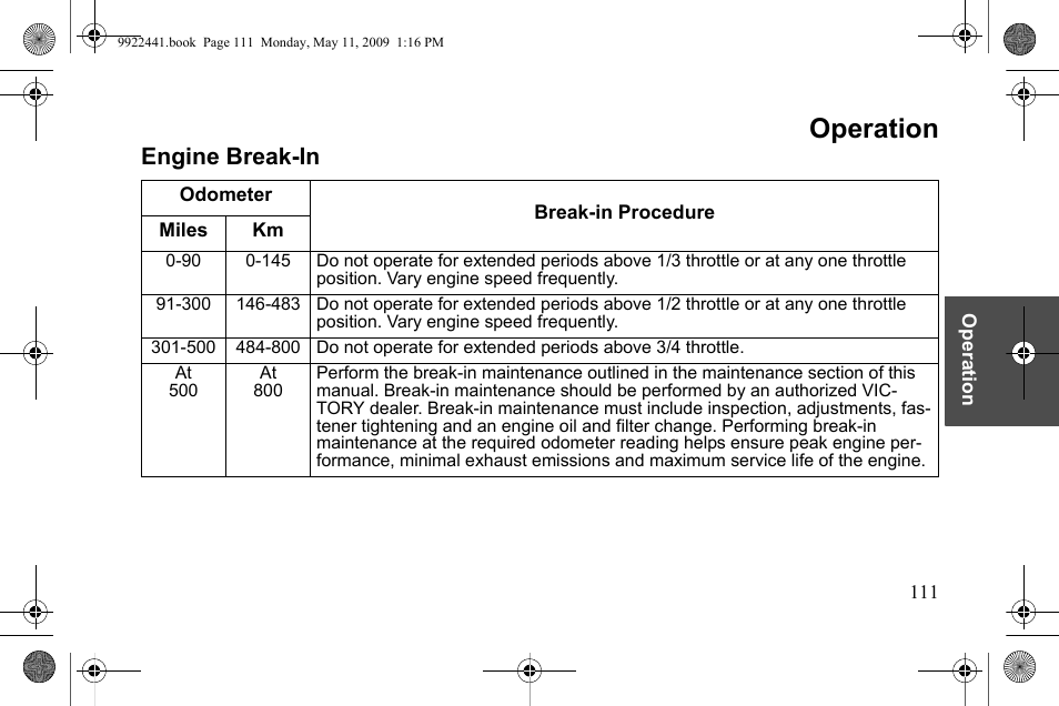 Operation, Engine break-in | Polaris 2010 Victory Victory Vision 8-Ball User Manual | Page 115 / 334