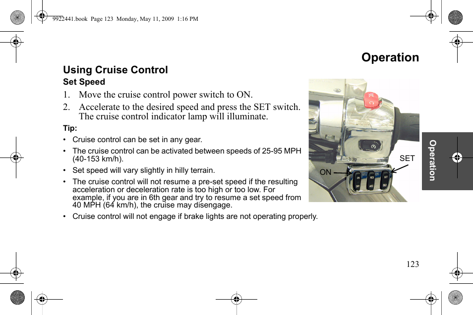 Operation, Using cruise control | Polaris 2010 Victory Victory Vision 8-Ball User Manual | Page 127 / 334