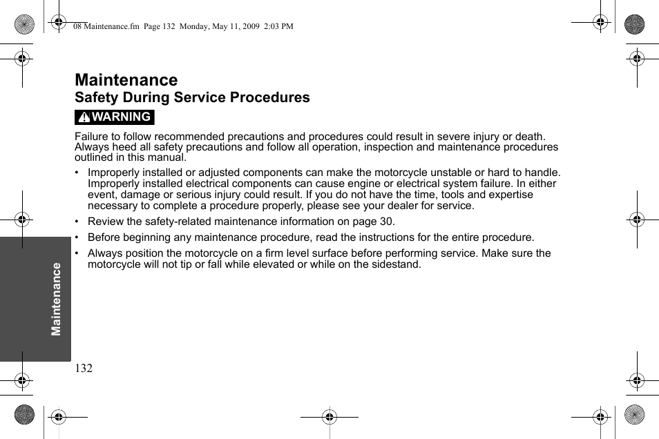 Maintenance, Safety during service procedures | Polaris 2010 Victory Victory Vision 8-Ball User Manual | Page 136 / 334