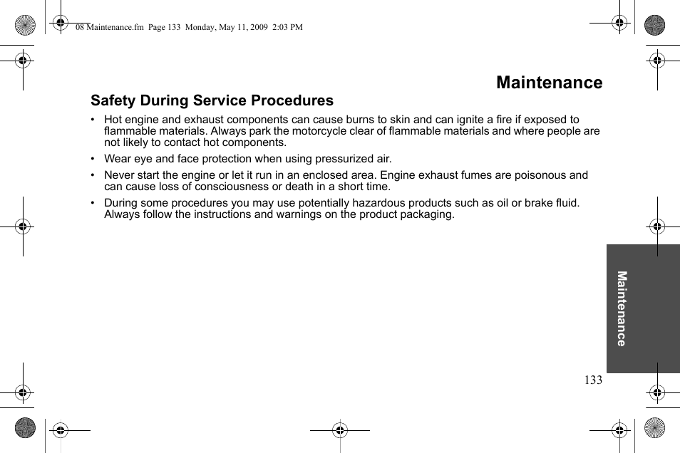 Maintenance, Safety during service procedures | Polaris 2010 Victory Victory Vision 8-Ball User Manual | Page 137 / 334
