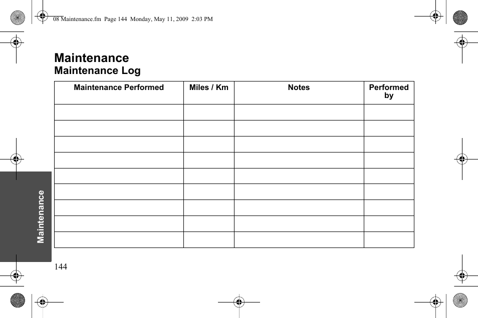 Maintenance, Maintenance log | Polaris 2010 Victory Victory Vision 8-Ball User Manual | Page 148 / 334
