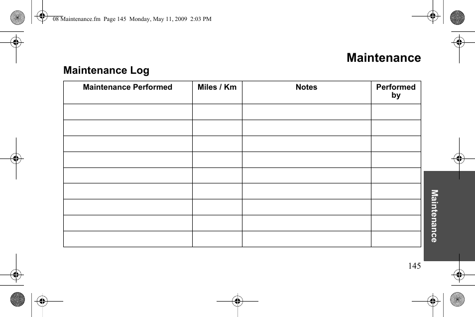 Maintenance, Maintenance log | Polaris 2010 Victory Victory Vision 8-Ball User Manual | Page 149 / 334