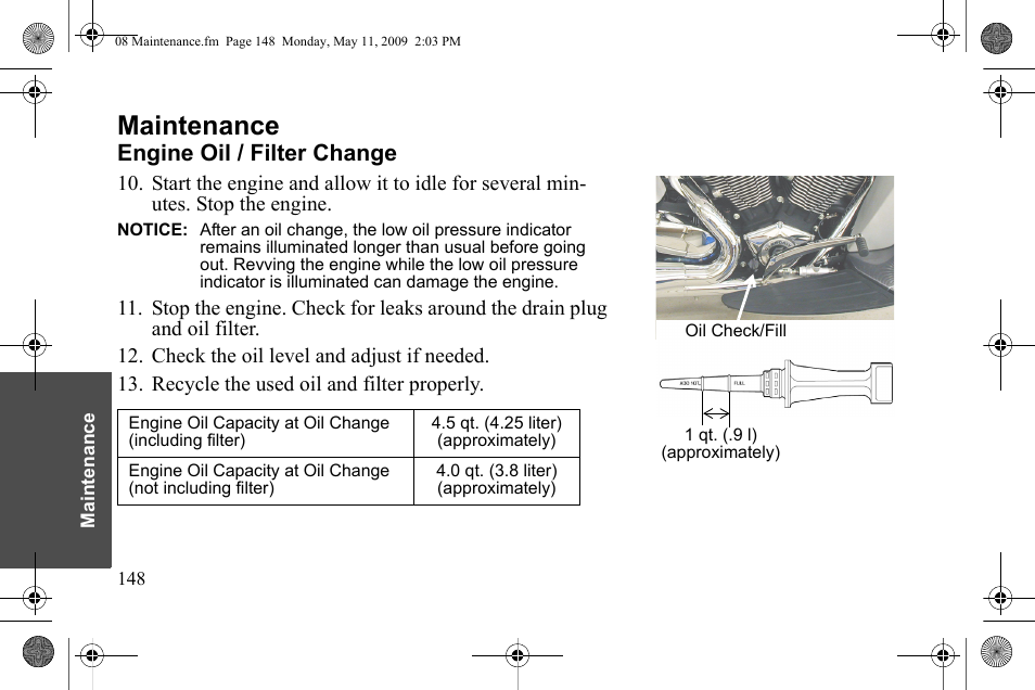 Maintenance, Engine oil / filter change | Polaris 2010 Victory Victory Vision 8-Ball User Manual | Page 152 / 334
