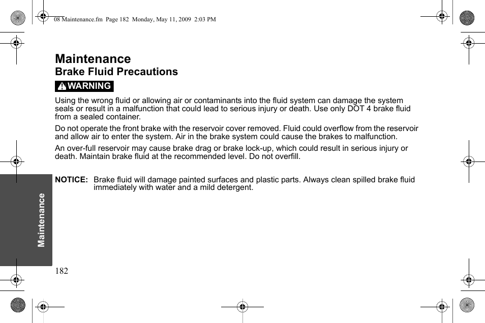 Maintenance, Brake fluid precautions | Polaris 2010 Victory Victory Vision 8-Ball User Manual | Page 186 / 334