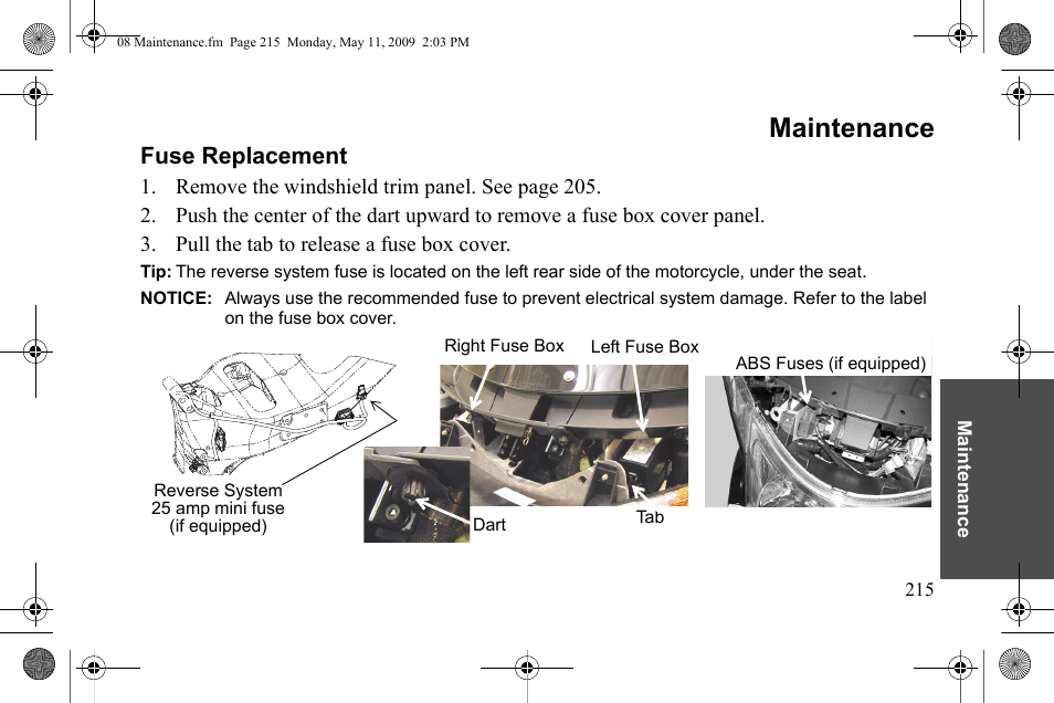 Maintenance, Fuse replacement | Polaris 2010 Victory Victory Vision 8-Ball User Manual | Page 219 / 334