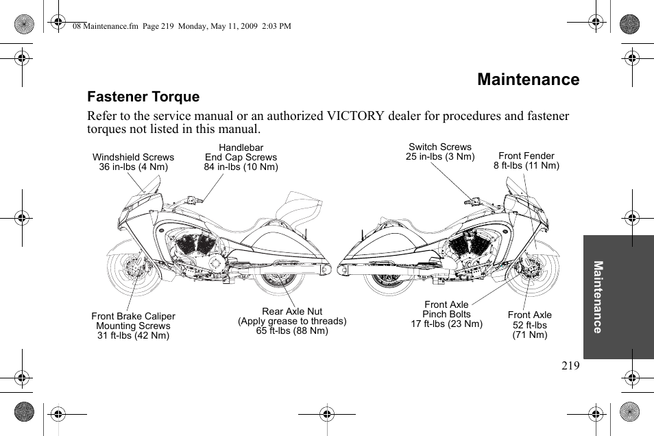 Maintenance, Fastener torque | Polaris 2010 Victory Victory Vision 8-Ball User Manual | Page 223 / 334