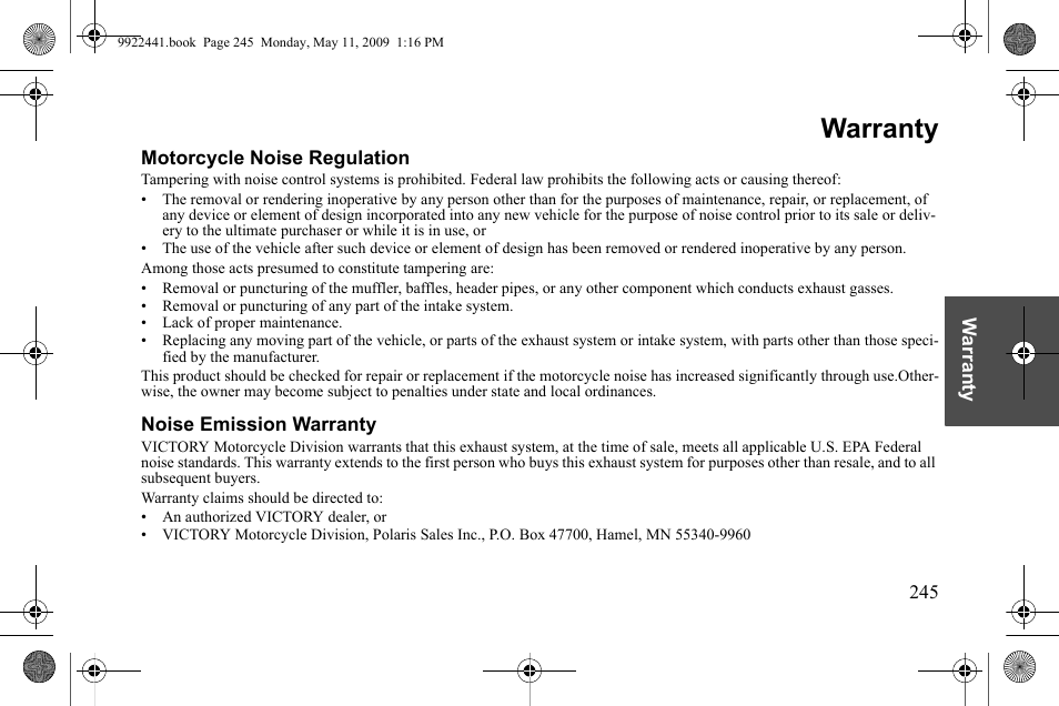 Warranty | Polaris 2010 Victory Victory Vision 8-Ball User Manual | Page 249 / 334