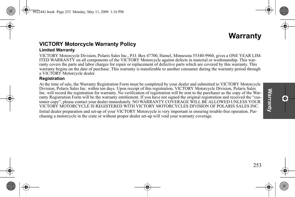 Warranty | Polaris 2010 Victory Victory Vision 8-Ball User Manual | Page 257 / 334