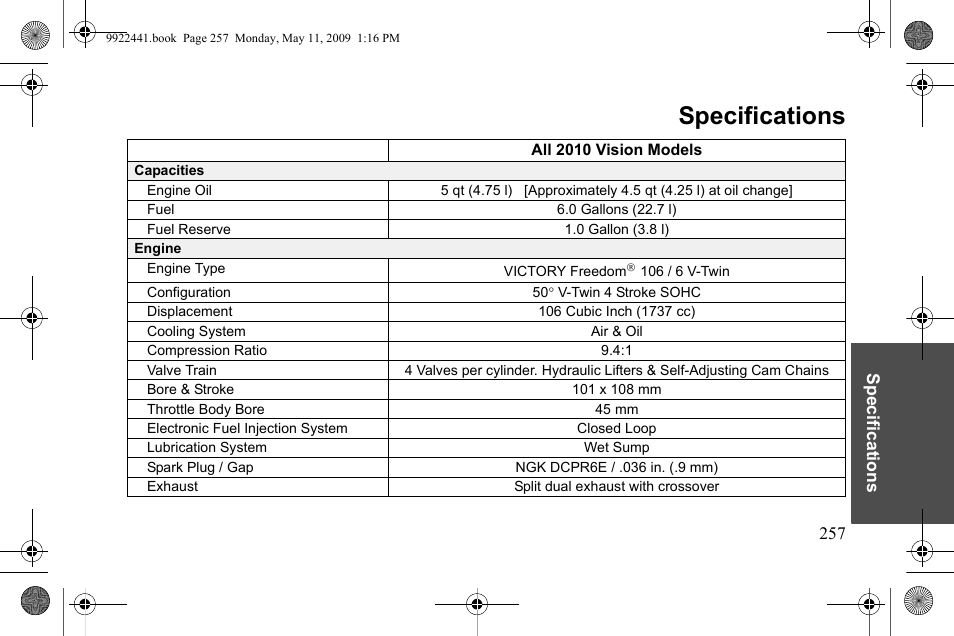 Specifications | Polaris 2010 Victory Victory Vision 8-Ball User Manual | Page 261 / 334