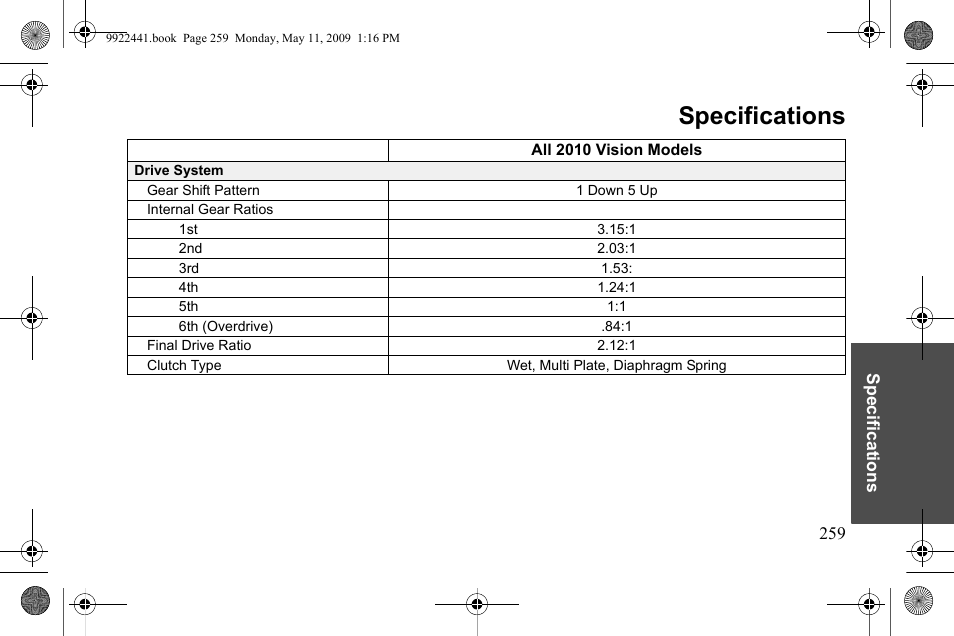 Specifications | Polaris 2010 Victory Victory Vision 8-Ball User Manual | Page 263 / 334