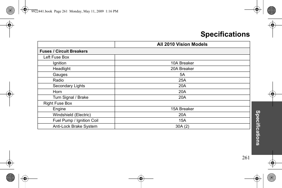 Specifications | Polaris 2010 Victory Victory Vision 8-Ball User Manual | Page 265 / 334
