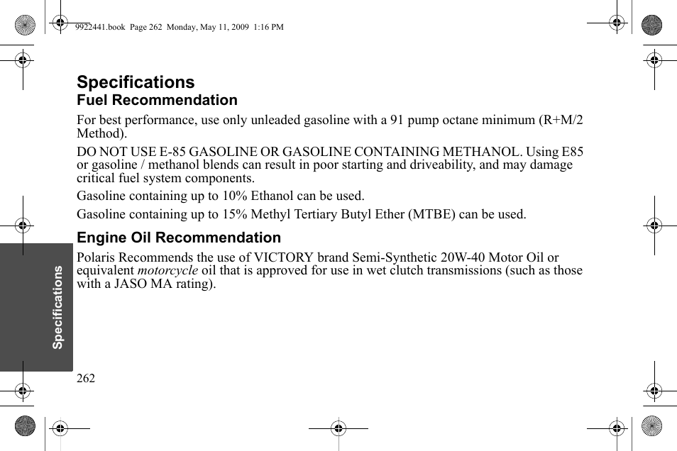 Specifications | Polaris 2010 Victory Victory Vision 8-Ball User Manual | Page 266 / 334
