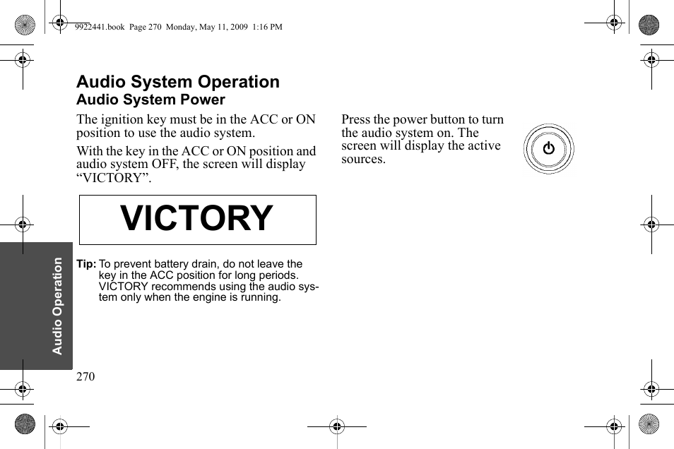 Victory, Audio system operation | Polaris 2010 Victory Victory Vision 8-Ball User Manual | Page 274 / 334