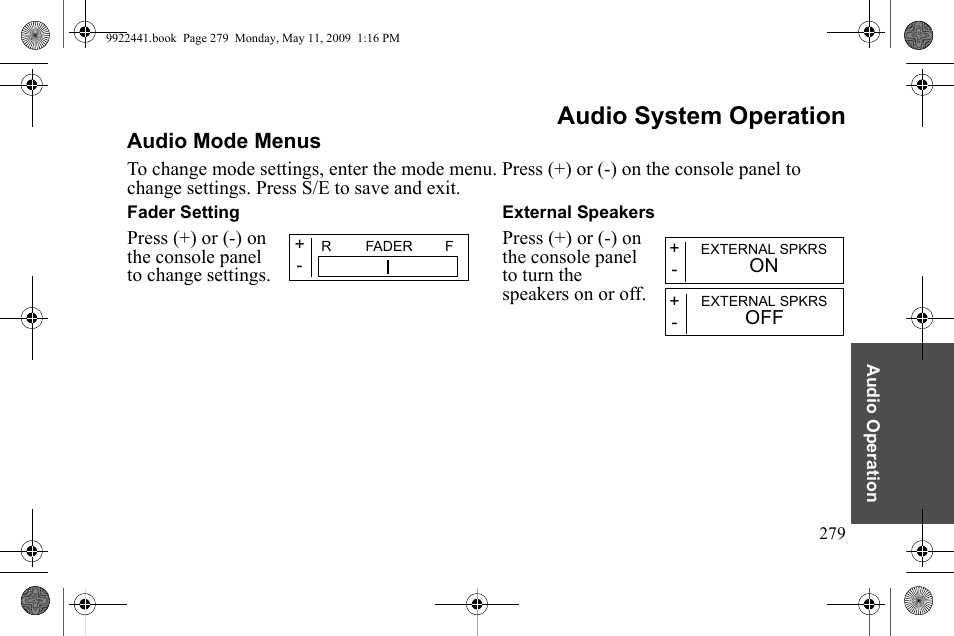 Audio system operation, Audio mode menus | Polaris 2010 Victory Victory Vision 8-Ball User Manual | Page 283 / 334