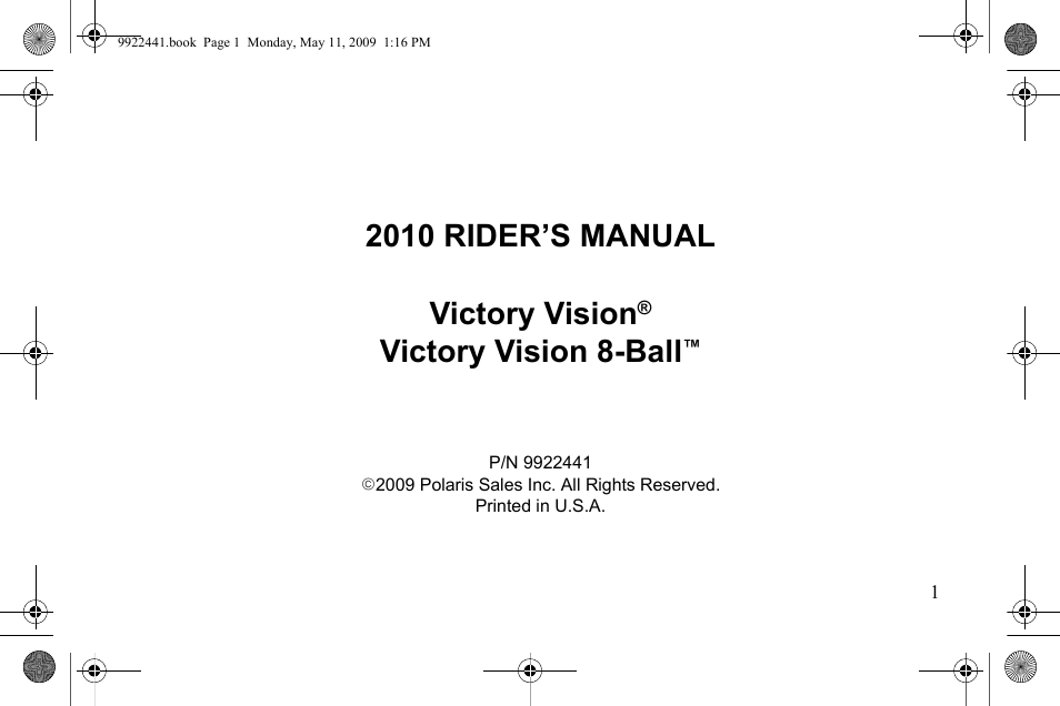 2010 rider’s manual victory vision, Victory vision 8-ball | Polaris 2010 Victory Victory Vision 8-Ball User Manual | Page 5 / 334