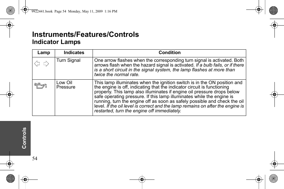 Instruments/features/controls, Indicator lamps | Polaris 2010 Victory Victory Vision 8-Ball User Manual | Page 58 / 334