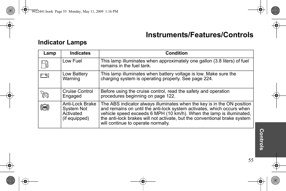 Instruments/features/controls, Indicator lamps | Polaris 2010 Victory Victory Vision 8-Ball User Manual | Page 59 / 334