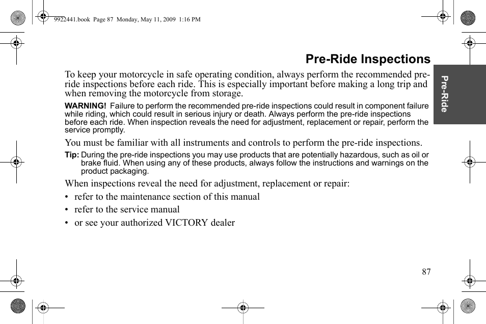 Pre-ride inspections | Polaris 2010 Victory Victory Vision 8-Ball User Manual | Page 91 / 334
