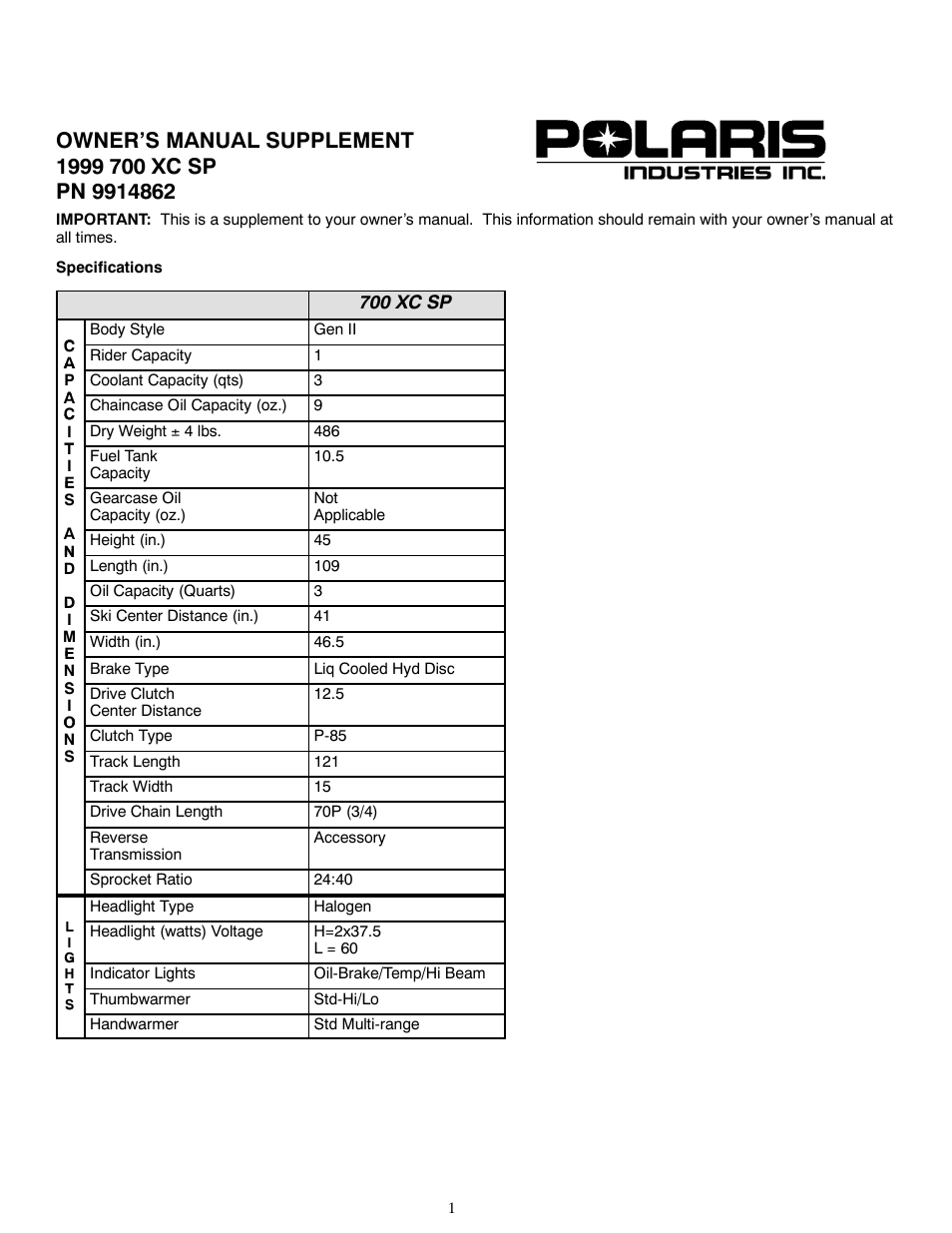 Polaris 1999 700 XC SP User Manual | 4 pages