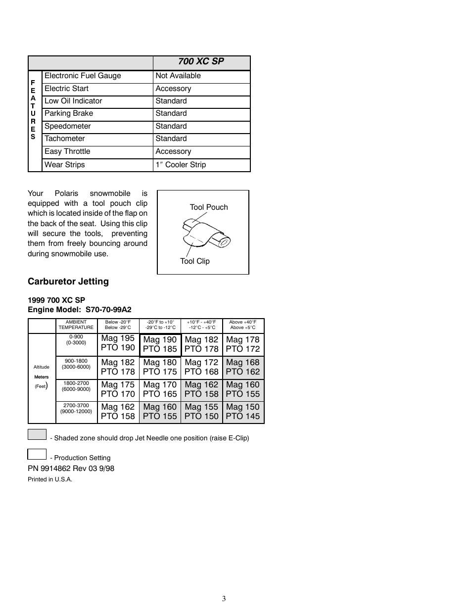 700 xc sp, Carburetor jetting | Polaris 1999 700 XC SP User Manual | Page 3 / 4