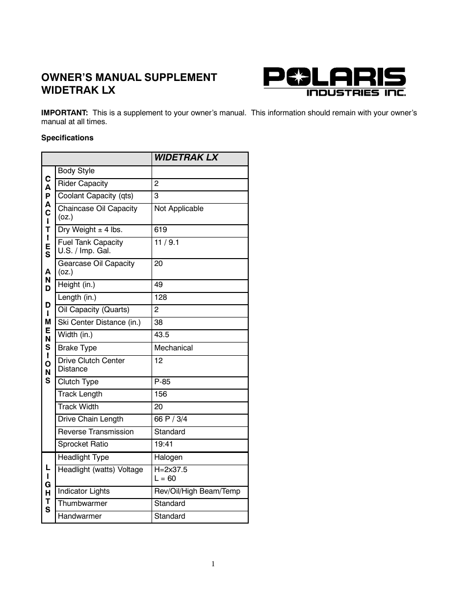 Polaris 1999 Widetrak LX User Manual | 4 pages