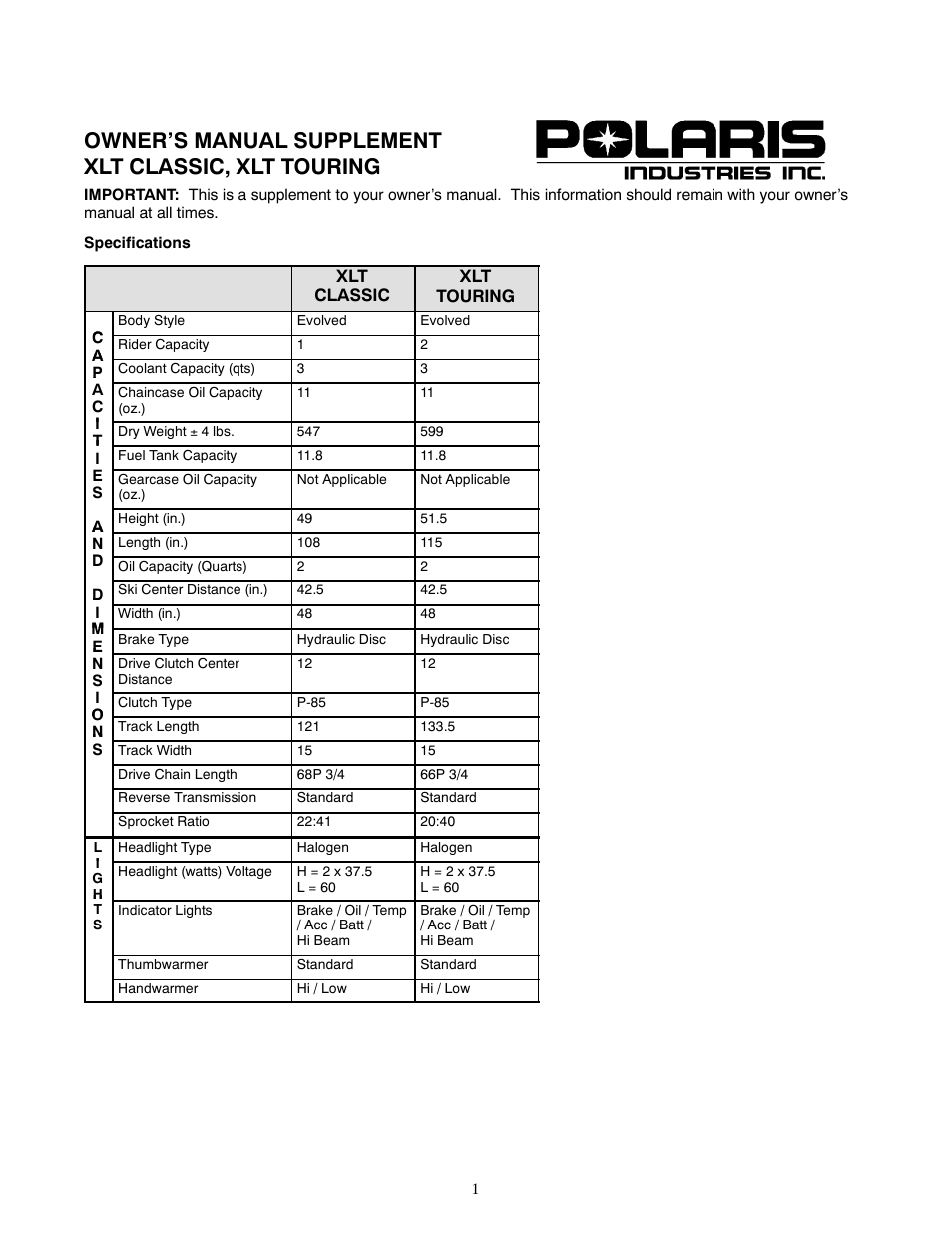 Polaris 1999 XLT Classic User Manual | 4 pages