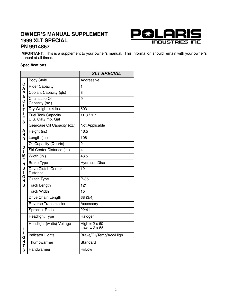 Polaris 1999 XLT Special User Manual | 4 pages