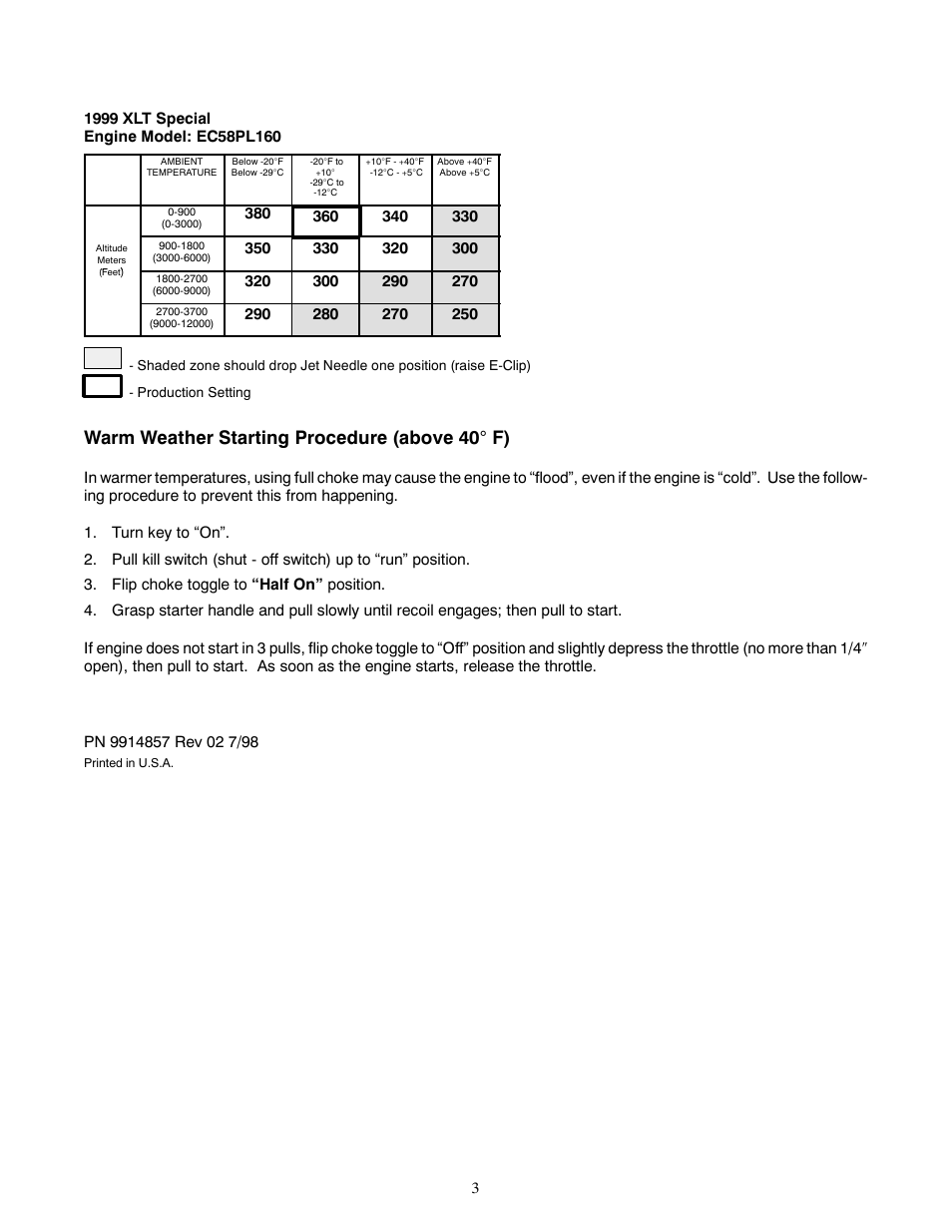 Warm weather starting procedure (above 40 ° f) | Polaris 1999 XLT Special User Manual | Page 3 / 4