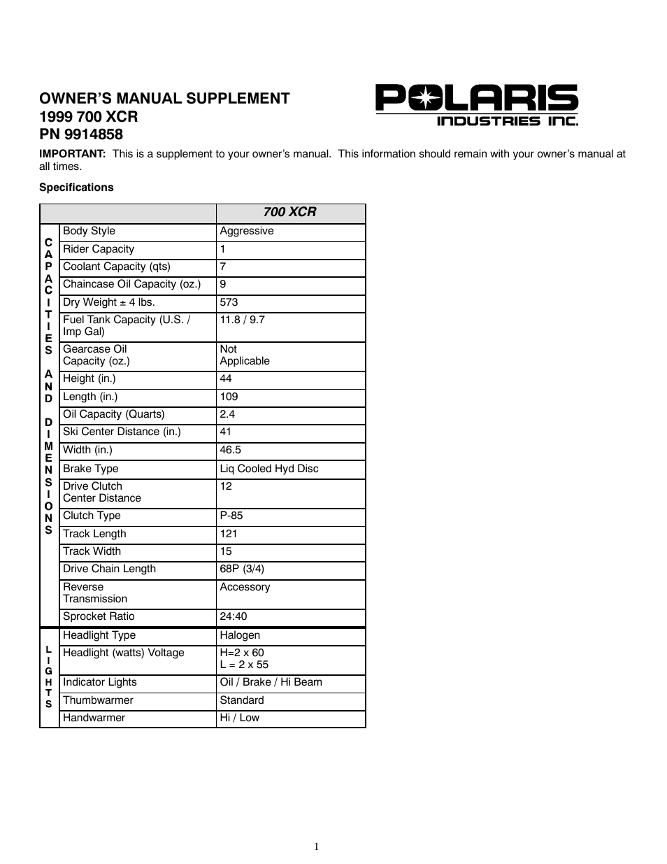 Polaris 1999 700 XCR User Manual | 4 pages
