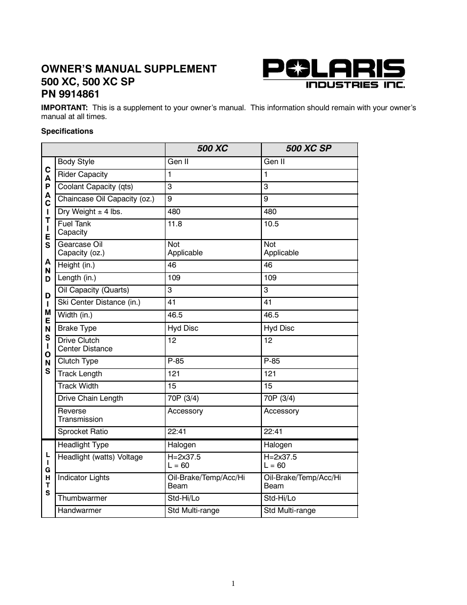 Polaris 1999 500 XC User Manual | 4 pages