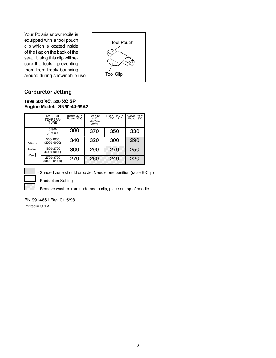 Carburetor jetting | Polaris 1999 500 XC User Manual | Page 3 / 4
