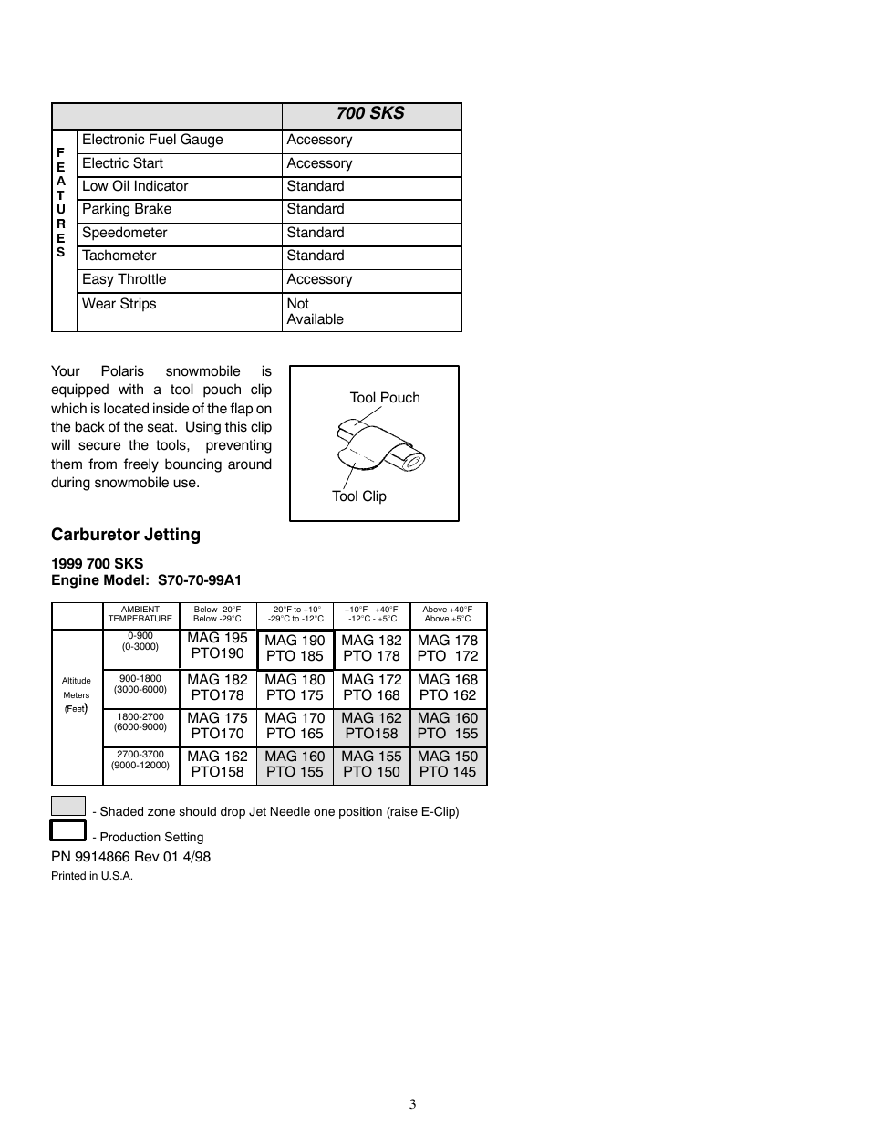 700 sks, Carburetor jetting | Polaris 1999 700 SKS User Manual | Page 3 / 4
