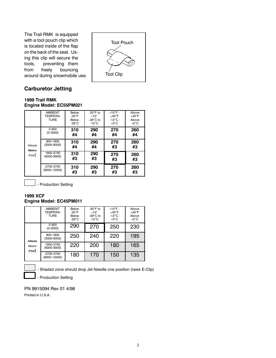 Carburetor jetting | Polaris 1999 XCF User Manual | Page 3 / 4