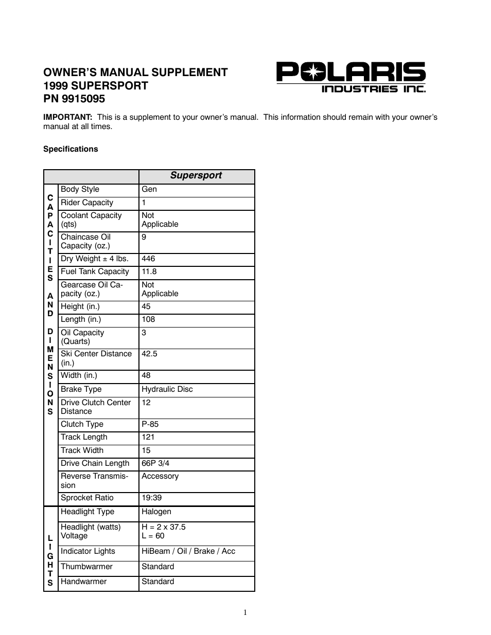 Polaris 1999 Supersport User Manual | 4 pages