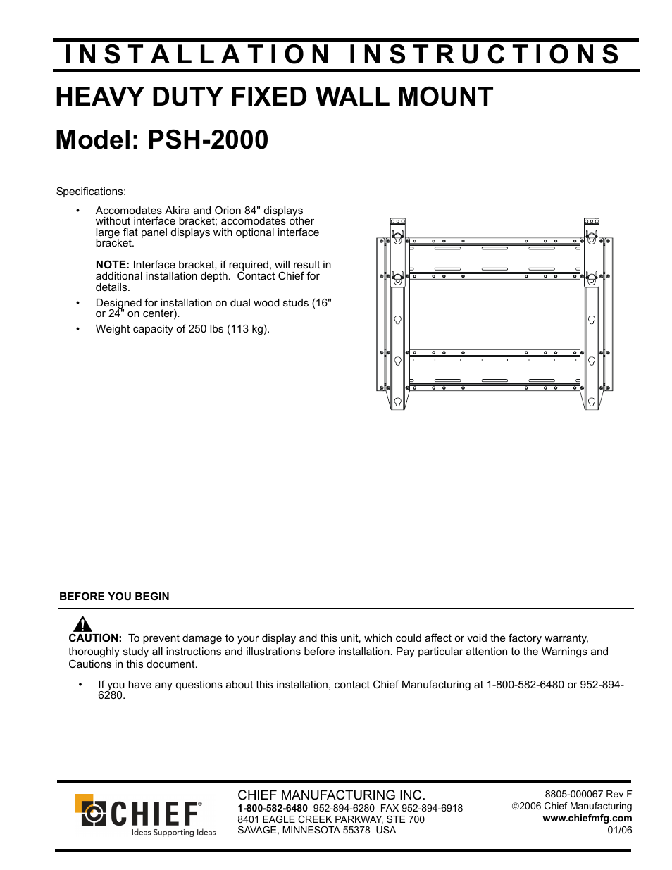 Chief Manufacturing PSH-2000 User Manual | 8 pages
