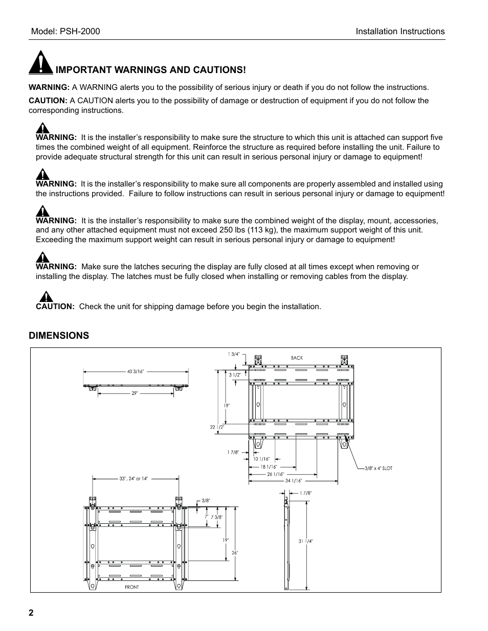 Chief Manufacturing PSH-2000 User Manual | Page 2 / 8