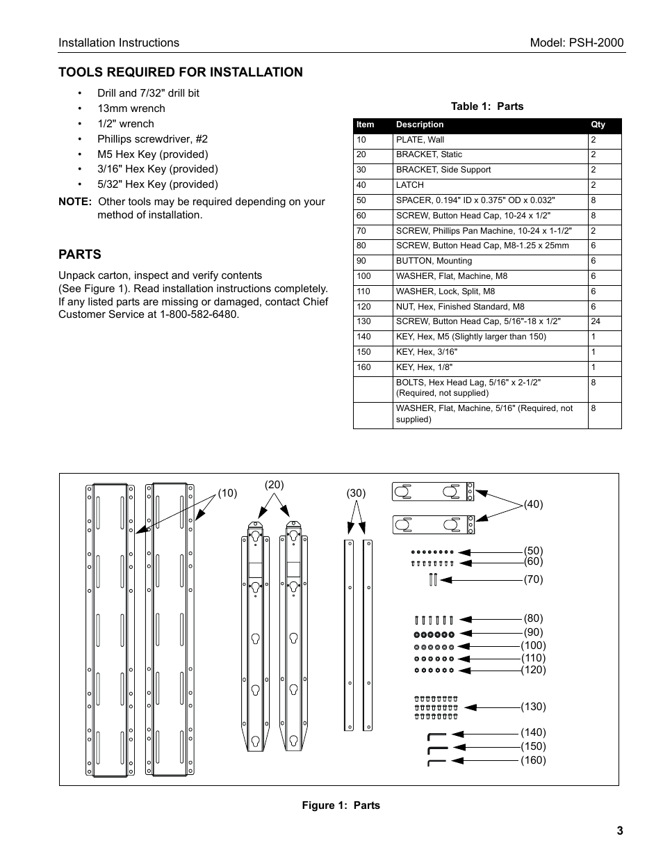 Tools required for installation, Parts | Chief Manufacturing PSH-2000 User Manual | Page 3 / 8