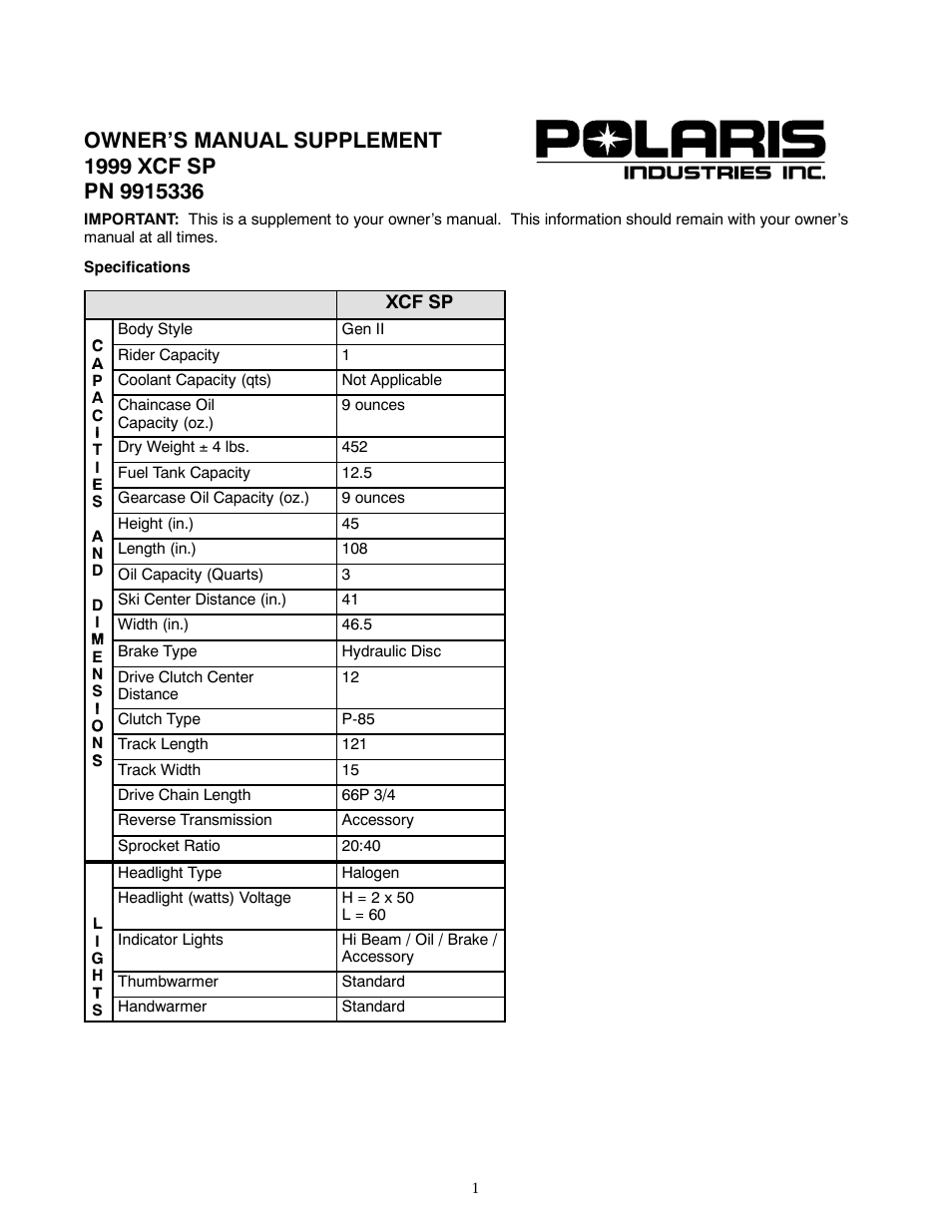 Polaris 1999 XCF SP User Manual | 4 pages