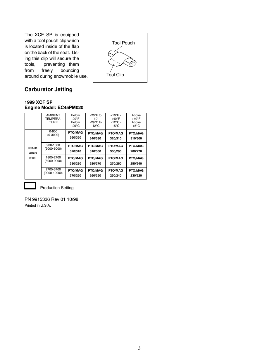 Carburetor jetting, Tool pouch tool clip | Polaris 1999 XCF SP User Manual | Page 3 / 4