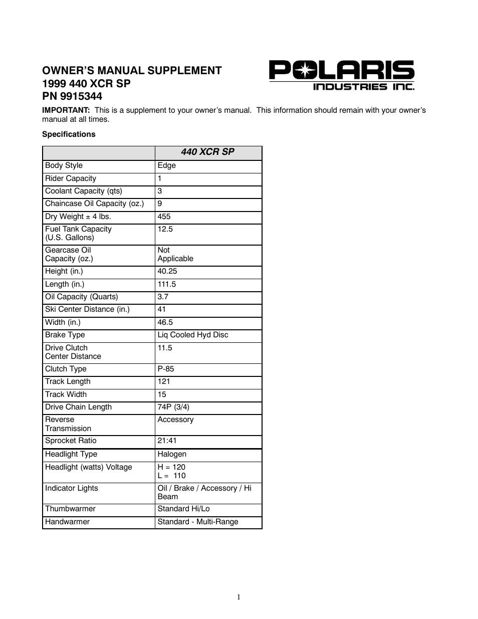 Polaris 1999 440 XCR SP User Manual | 4 pages