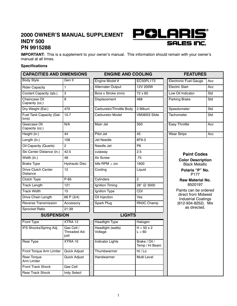 Polaris 2000 Indy 500 User Manual | 2 pages