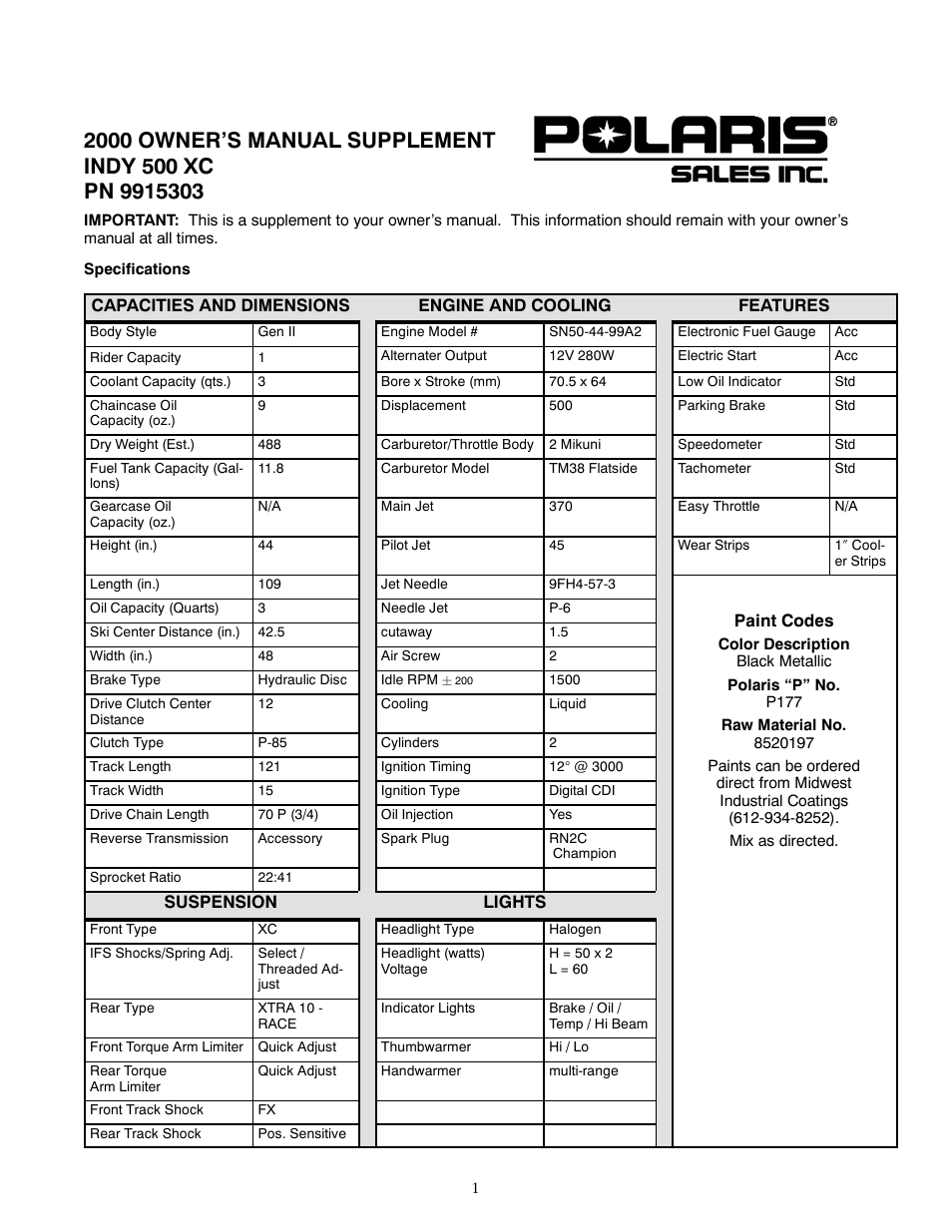 Polaris 2000 Indy 500 XC User Manual | 2 pages