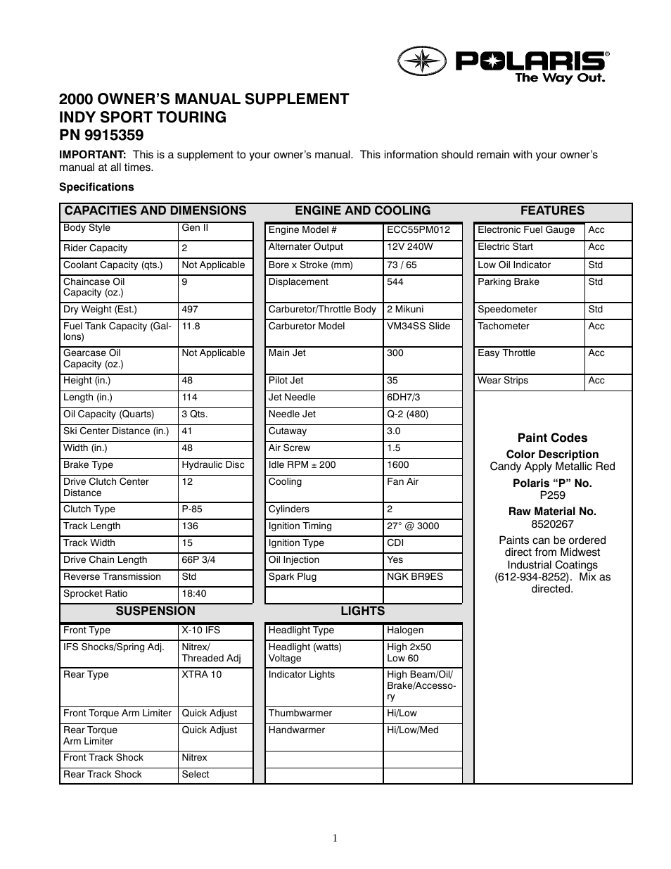 Polaris 2000 Indy Sport Touring User Manual | 2 pages