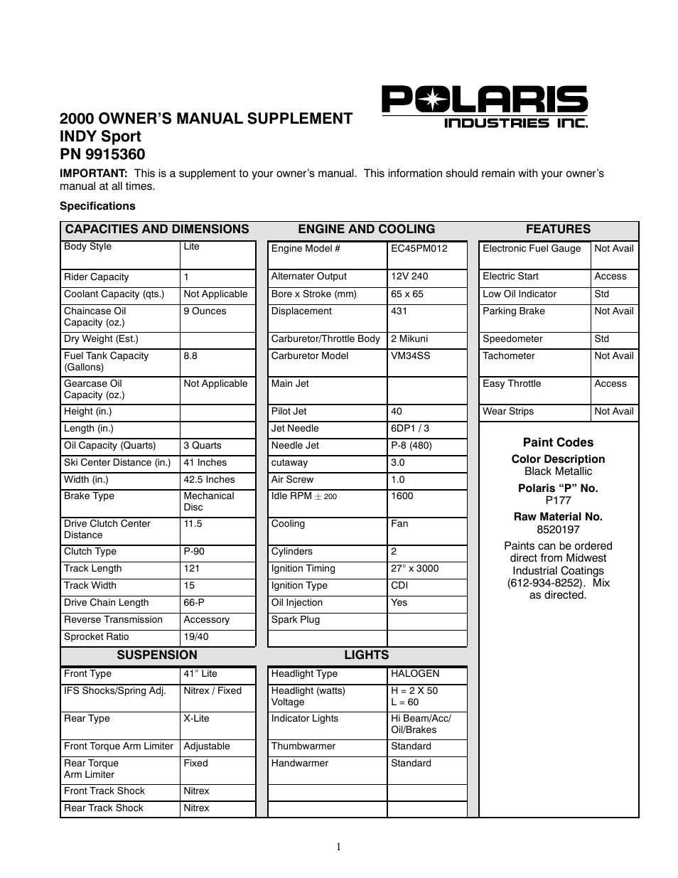 Polaris 2000 Indy Sport User Manual | 2 pages